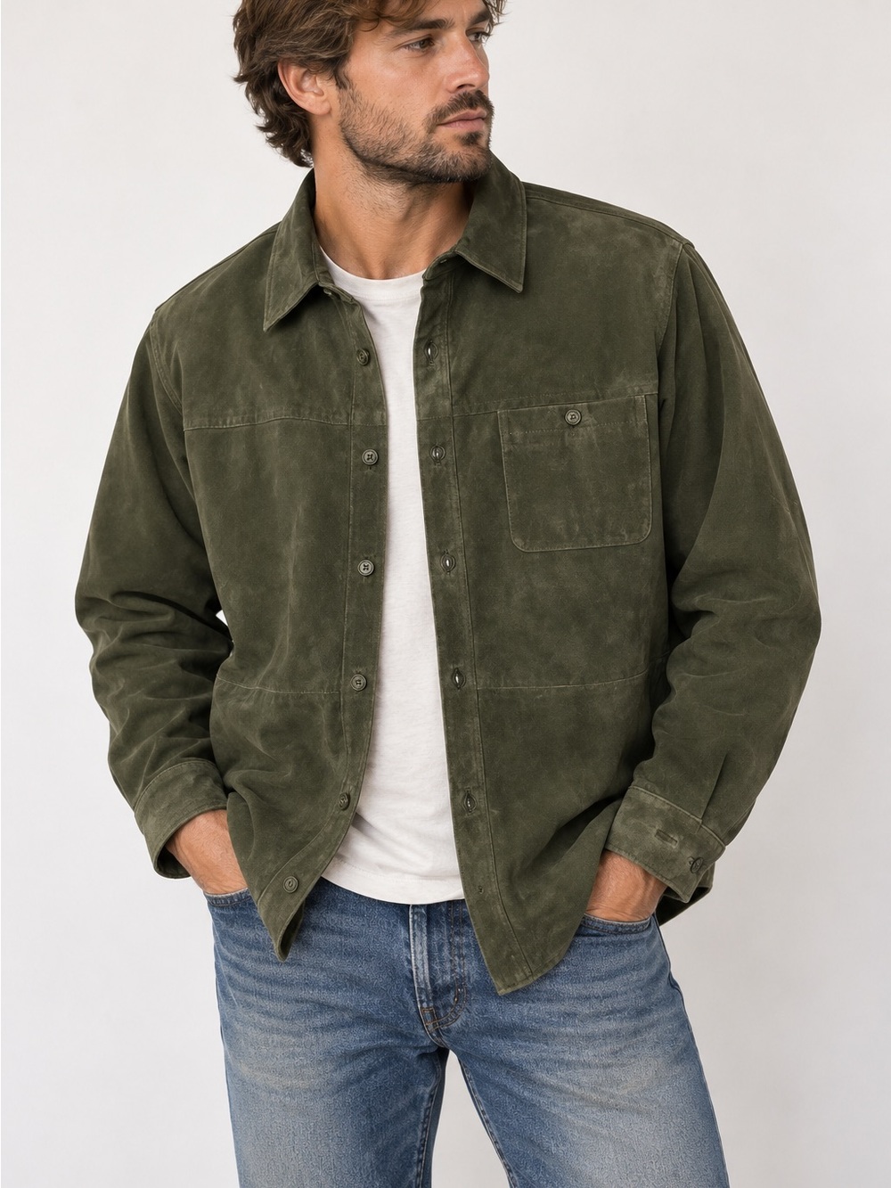 Y2K Suede Leather Shacket Shirt Jacket Men’s L Olive Green Western Ranch